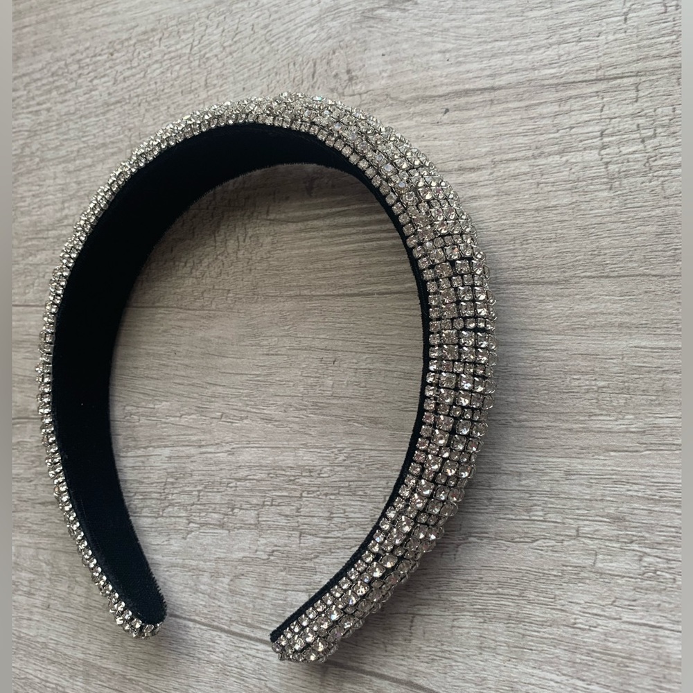 White Rhinestone and Black Velvet Puffy Headband